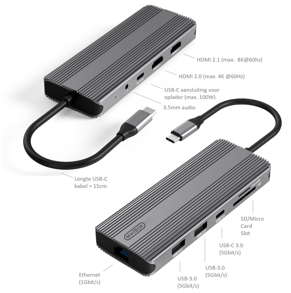 M-TECK Dual Multipoort adapter met 2 x HDMI + 2 x USB 3.0 + Ethernet + Kaartlezer+ 2 x USB-C + 3.5mm audio - Afbeelding 6
