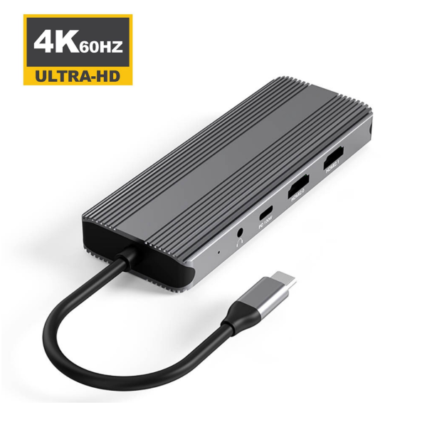 M-TECK Dual Multipoort adapter met 2 x HDMI + 2 x USB 3.0 + Ethernet + Kaartlezer+ 2 x USB-C + 3.5mm audio