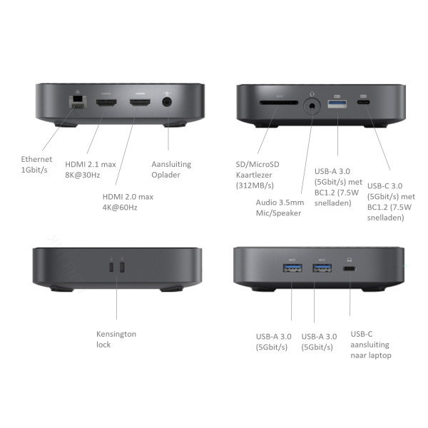 M-TECK Dual HDMI Docking station (100W) + 3 x USB-A + Ethernet + Audio + SD/MicroSD + 1 x USB-C - Afbeelding 8