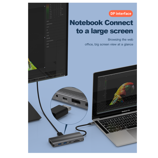 M-TECK Dual Multipoort adapter met DP + HDMI + 2 x USB 3.0 + Ethernet + Kaartlezer+ 2 x USB-C + 3.5mm audio - Afbeelding 3