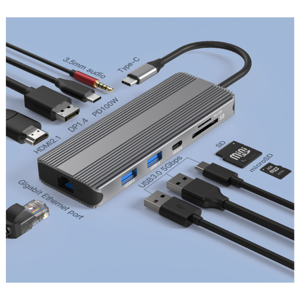 M-TECK Dual Multipoort adapter met DP + HDMI + 2 x USB 3.0 + Ethernet + Kaartlezer+ 2 x USB-C + 3.5mm audio - Afbeelding 2