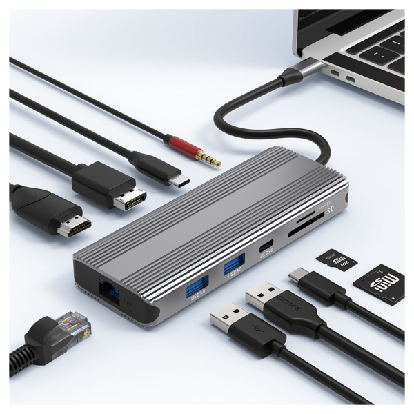 M-TECK Dual Multipoort adapter met DP + HDMI + 2 x USB 3.0 + Ethernet + Kaartlezer+ 2 x USB-C + 3.5mm audio - Afbeelding 5