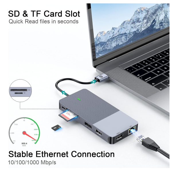 M-Teck Portable Displaylink Dock met 1 x HDMI + 2 x DP + Ethernet + Audio + 2 x USB-A + 1 x USB-C (Opladen) - Afbeelding 3