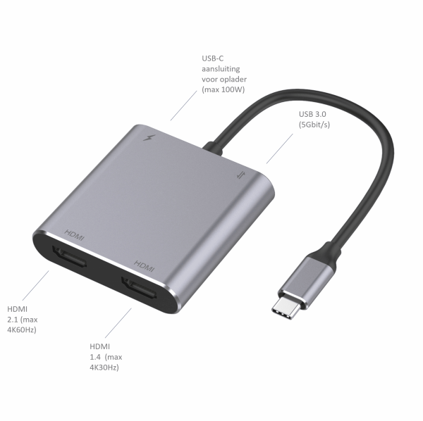 M-TECK Compact USB-C naar 2 x HDMI + USB 3.0 + USB-C (Opladen) - Afbeelding 5