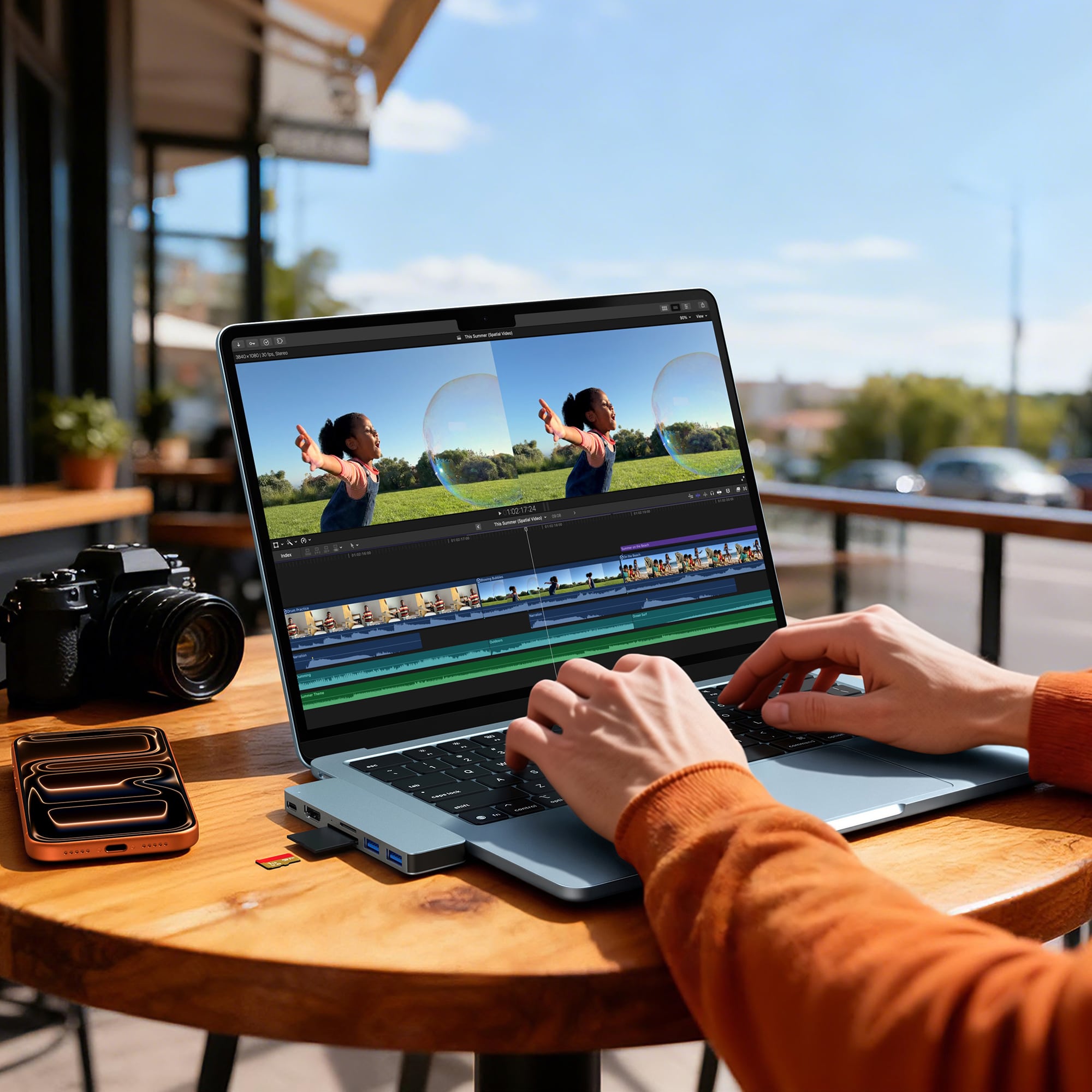 M-TECK MacBook Air | Pro Dock - Hub met HDMI 4K - Thunderbolt - 2 x USB3.0 - SD/MicroSD - (Kleur: Sky Blue) - Voor alle M-series - Afbeelding 2