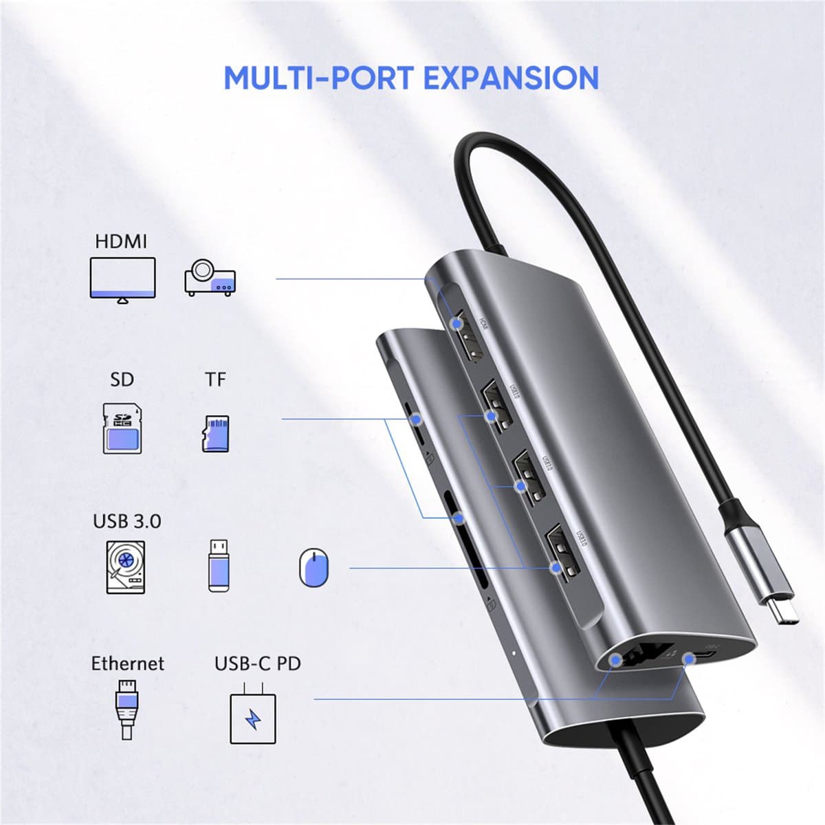 M-TECK 8-in-1 USB-C Hub Docking Station met HDMI + 3 x USB-3.0 + USB-C (Opladen)+ SD/Micro SD + Ethernet - Afbeelding 2