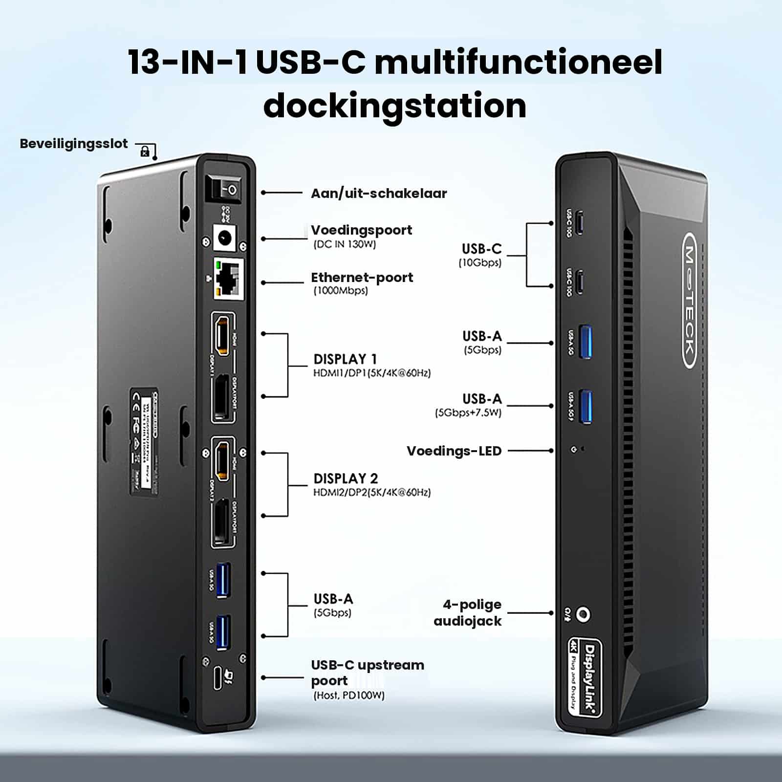 M-TECK Pro Max USB-C Docking Station - 2 x HDMI - 2 x Displayport - Ethernet - 4 x USB-A - 2 x USB-C - Audio - 100W opladen - Alle type MacBook en Laptop - Afbeelding 7