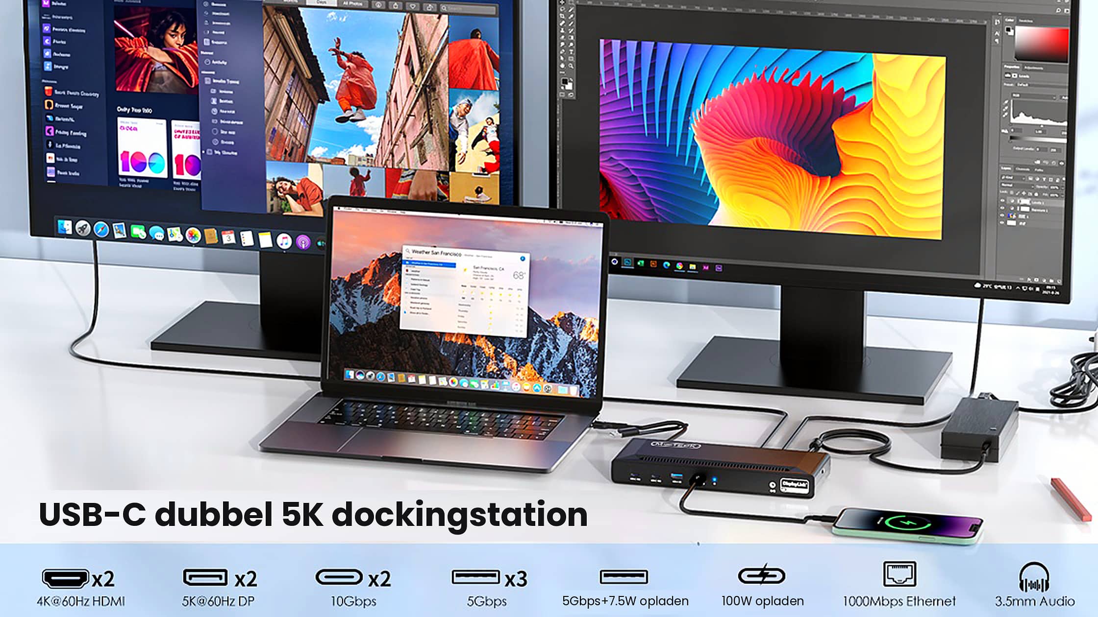 M-TECK Pro Max USB-C Docking Station - 2 x HDMI - 2 x Displayport - Ethernet - 4 x USB-A - 2 x USB-C - Audio - 100W opladen - Alle type MacBook en Laptop - Afbeelding 6