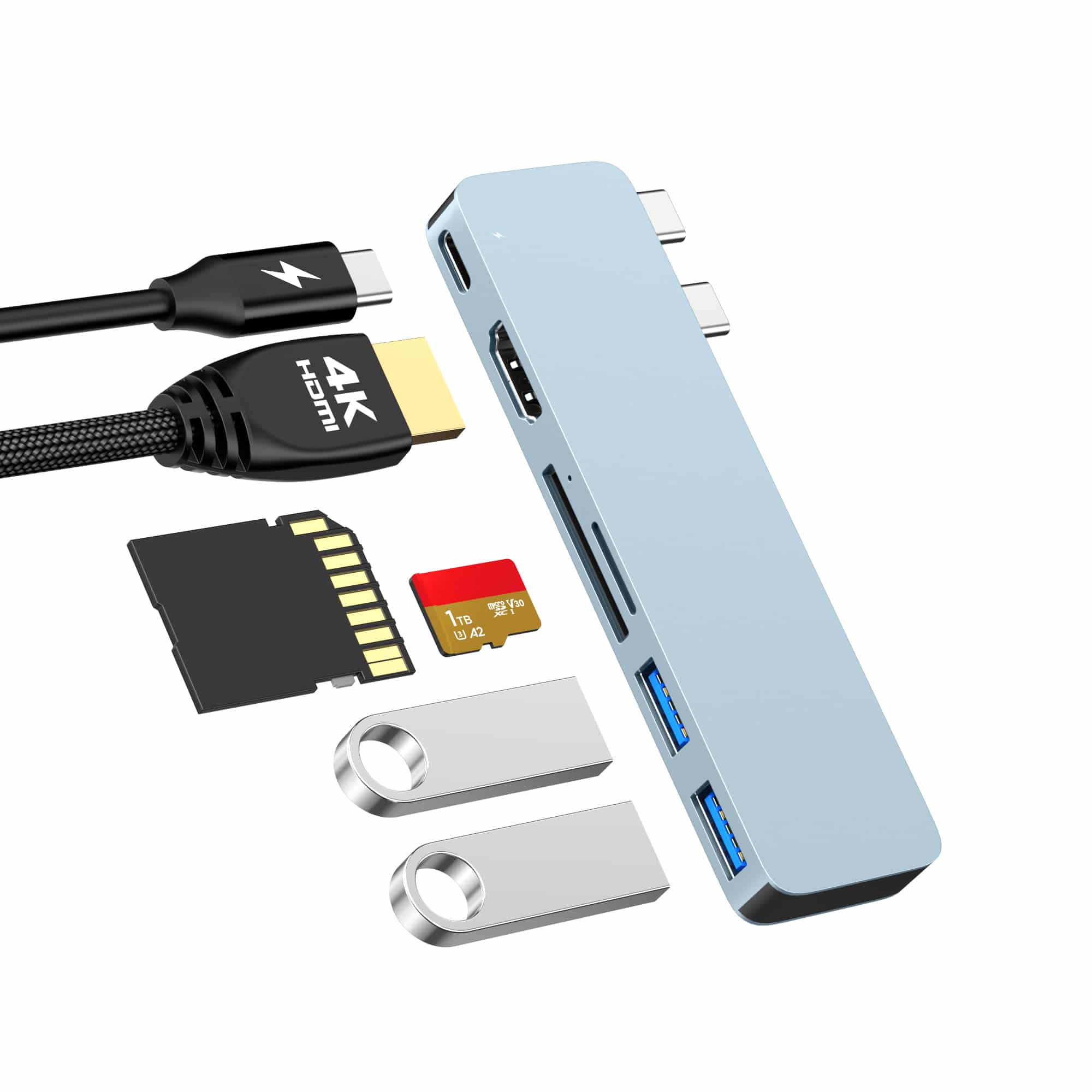 M-TECK MacBook Air | Pro Dock - Hub met HDMI 4K - Thunderbolt - 2 x USB3.0 - SD/MicroSD - (Kleur: Sky Blue) - Voor alle M-series - Afbeelding 4