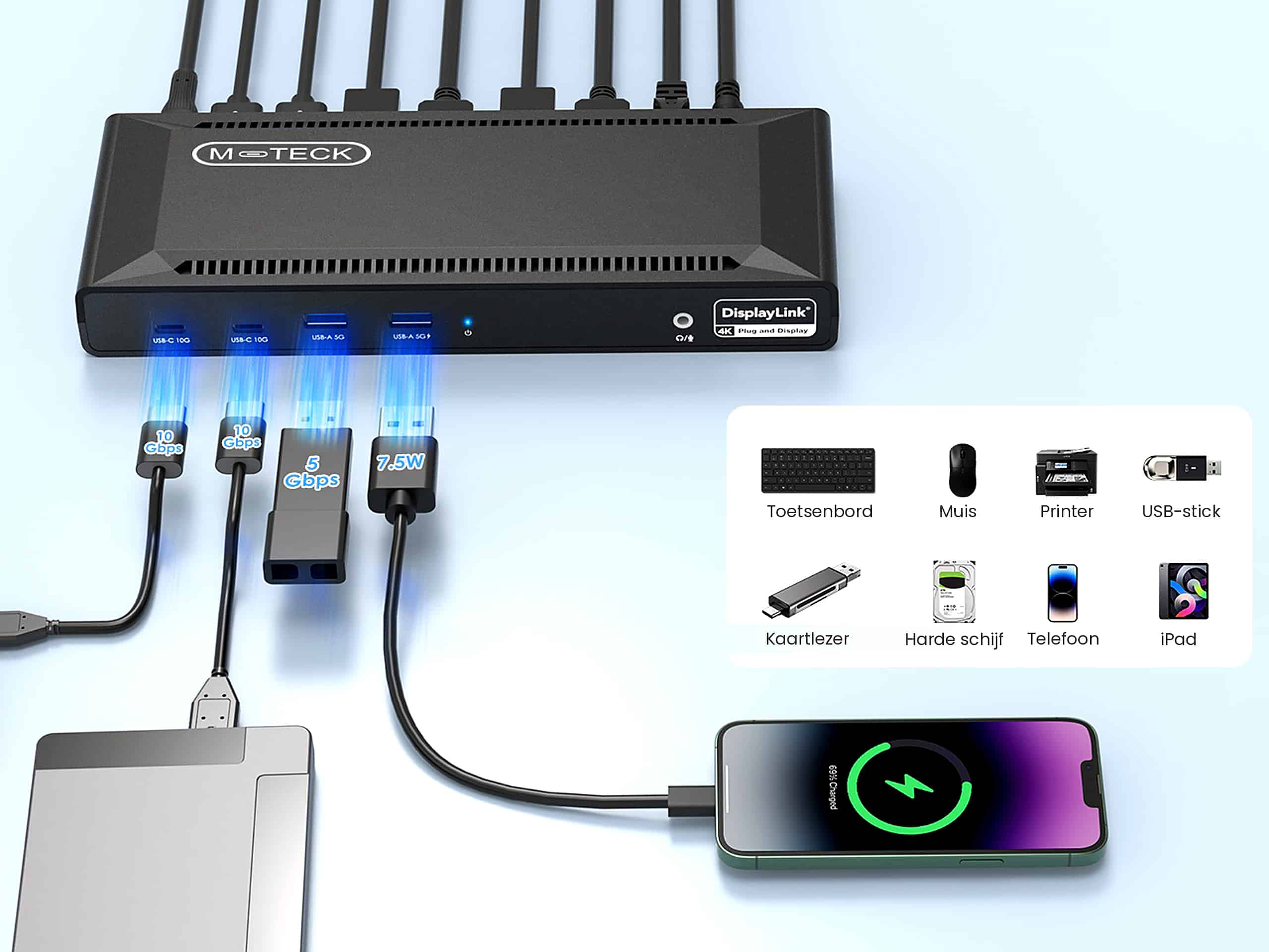 M-TECK Pro Max USB-C Docking Station - 2 x HDMI - 2 x Displayport - Ethernet - 4 x USB-A - 2 x USB-C - Audio - 100W opladen - Alle type MacBook en Laptop - Afbeelding 11