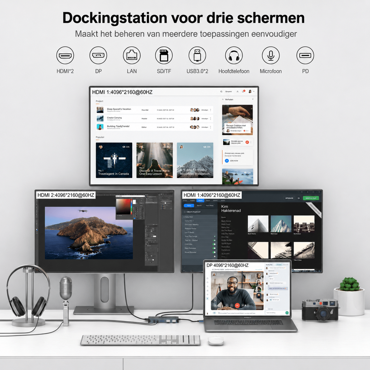 M-Teck Portable Displaylink Docking Station - 2 x HDMI - 1 x DP - Ethernet - Audio - 2 x USB-A - 1 x USB-C (Opladen) - Afbeelding 6