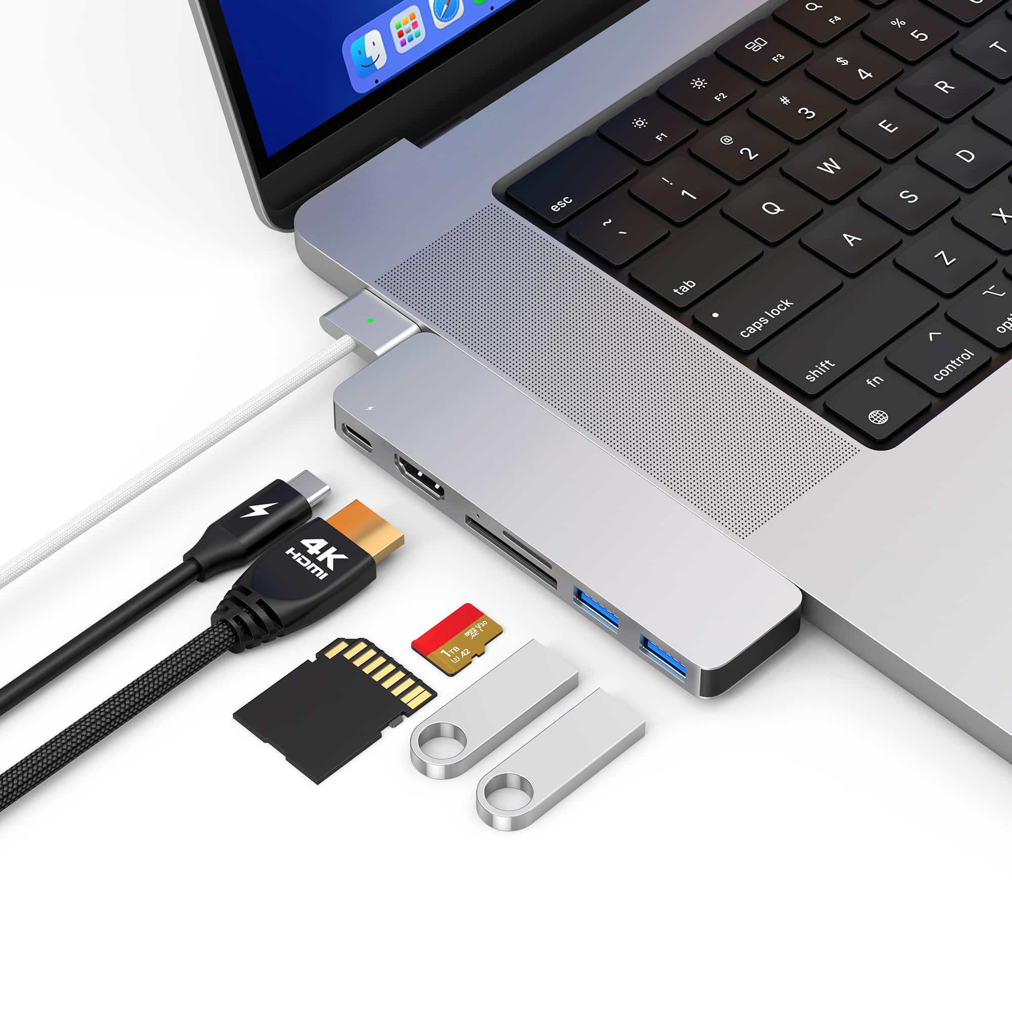 M-TECK MacBook Air | Pro Dock - Hub met HDMI 4K - Thunderbolt - 2 x USB3.0 - SD/MicroSD - (Kleur: Zilver) - Voor alle M-series