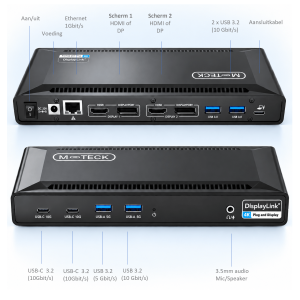 M-TECK Pro Max USB-C Docking Station - 2 x HDMI - 2 x Displayport - Ethernet - 4 x USB-A - 2 x USB-C - Audio - 100W opladen - Alle type MacBook en Laptop