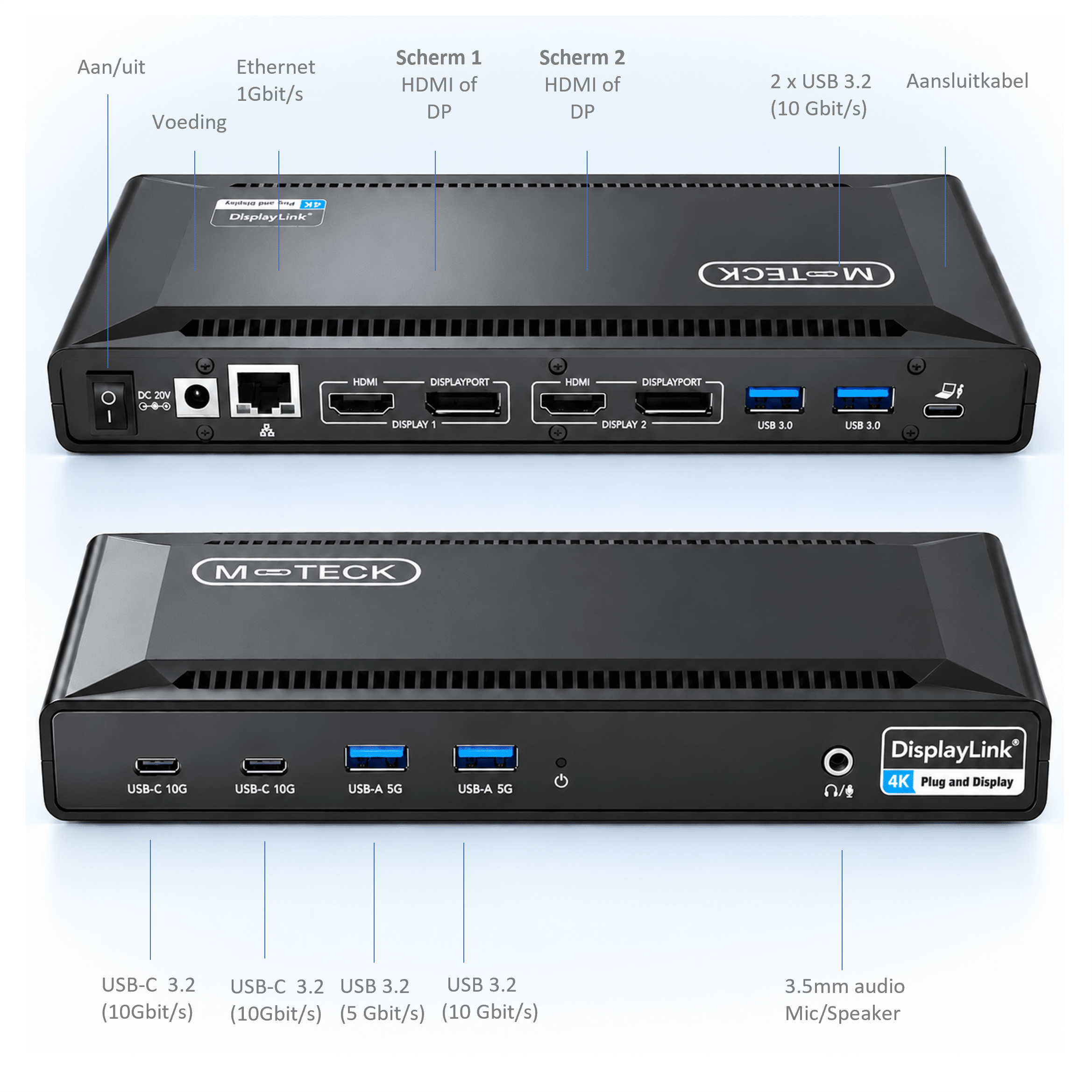 M-TECK Pro Max USB-C Docking Station - 2 x HDMI - 2 x Displayport - Ethernet - 4 x USB-A - 2 x USB-C - Audio - 100W opladen - Alle type MacBook en Laptop